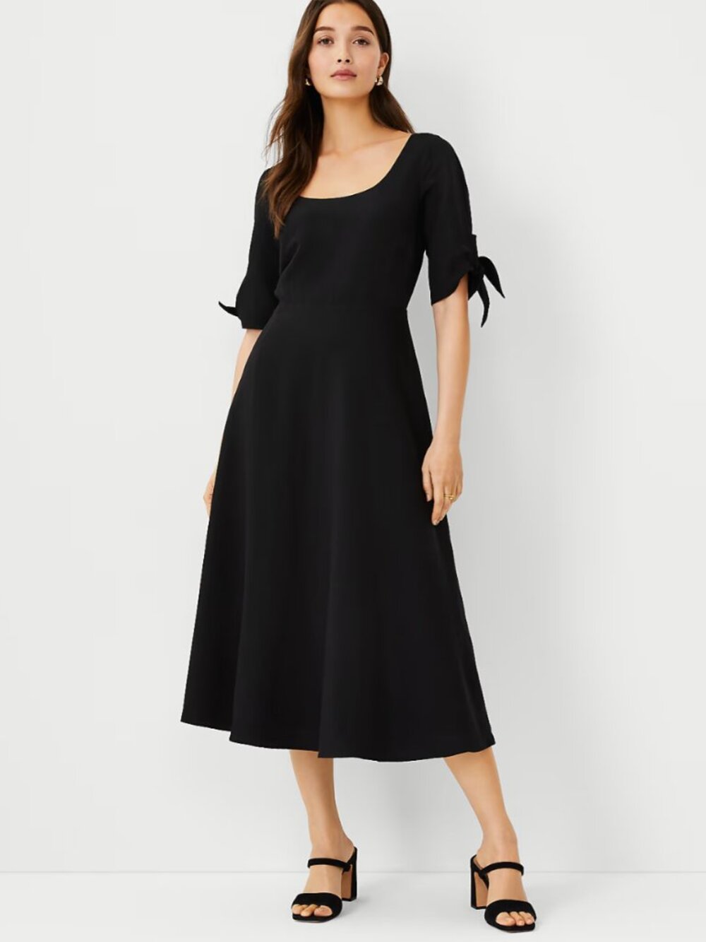 NWT Ann Taylor Women’s Classic Black Midi Dress with Tie Sleeve Detail 12